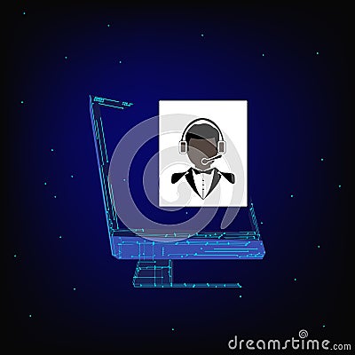 Black and white call center operator icon. Banner for advertising web sites on the Internet. Space background with computer. Vector Illustration